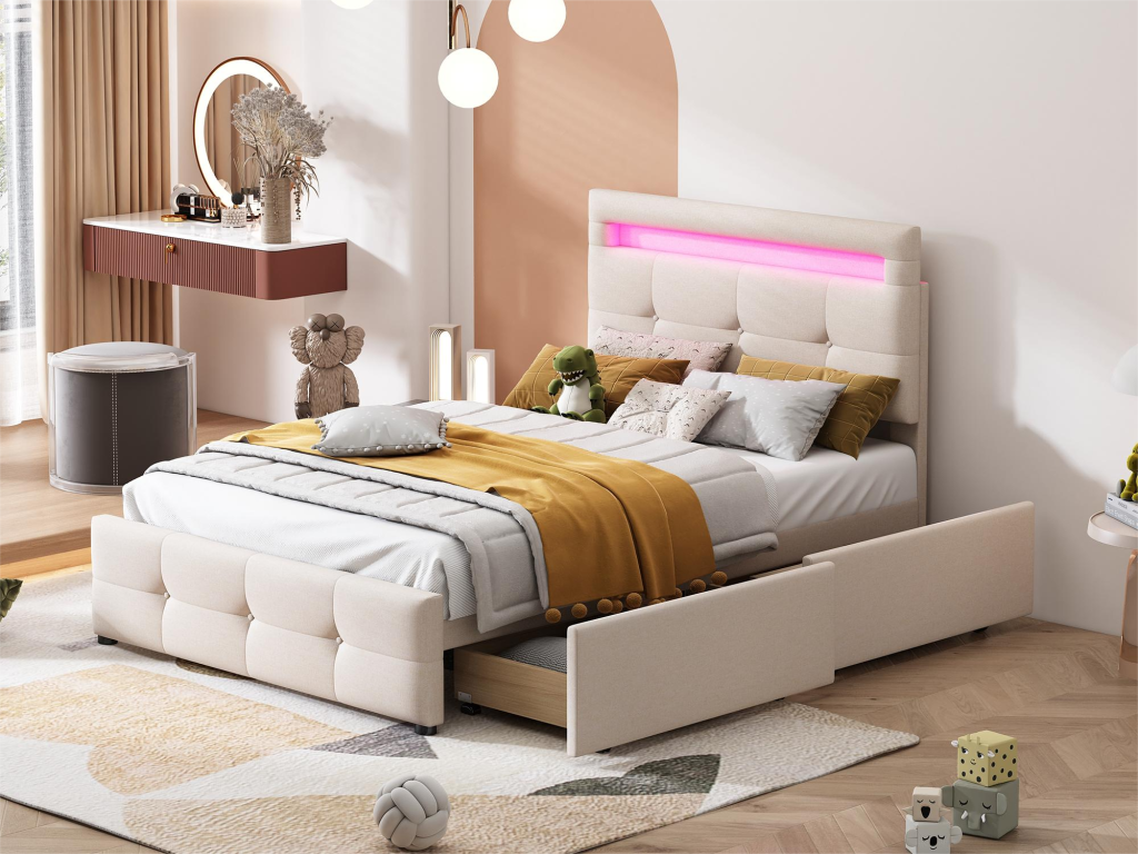 Beige Fabric Bed, 90 x 200 cm