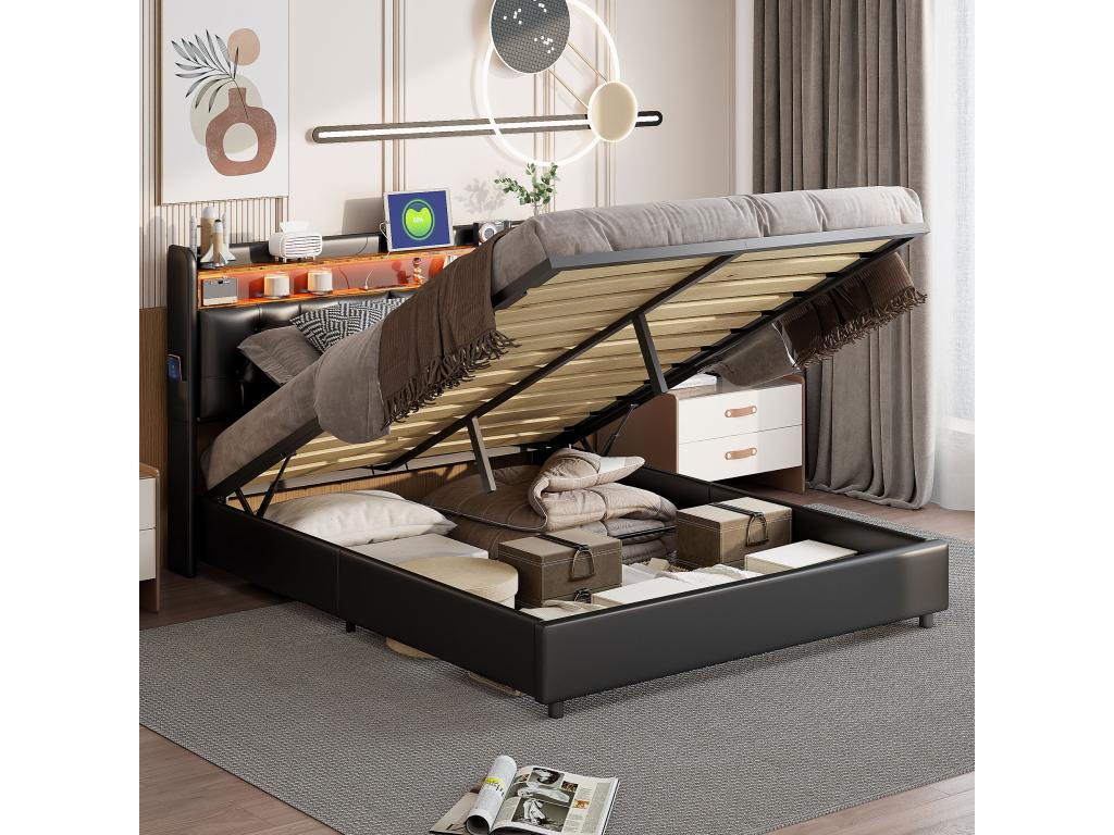Black Leather Bed, 160 x 200 cm