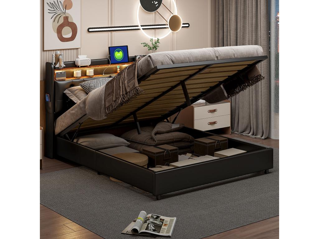 Black Leather Bed, 160 x 200 cm