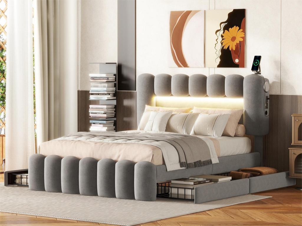 Gray Velvet Bed, 140 x 200 cm