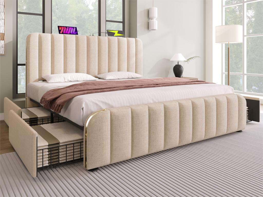 Beige Fabric Bed, 180 x 200 cm